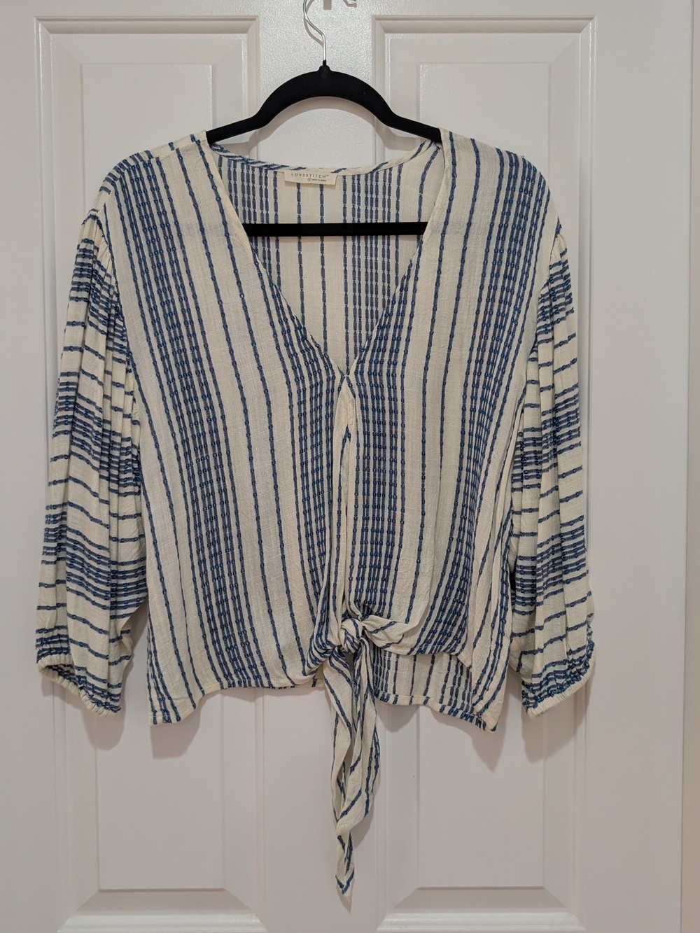 lovestitch Blue & Cream Striped Tie-Front V-Neck Blouse